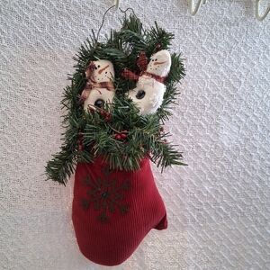 Red Christmas Handmitten With Snowmen About 12 Inches Long